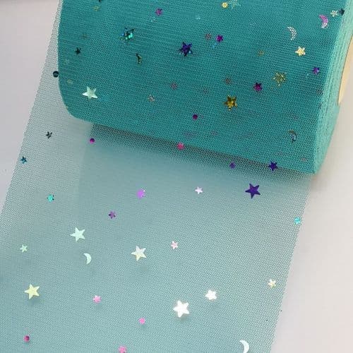 Teal Colourful Star Shape Sparkle Soft Tulle Eurotulle