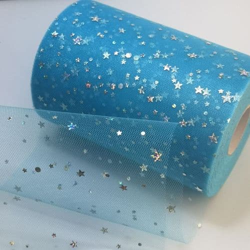 Tulle Roll Aqua Stars Sequin Tulle 6 inch width Sparkle Fabric