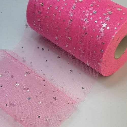 Tulle Roll Bright Pink Sequin Stars Tulle 6 inch width Sparkle Fabric