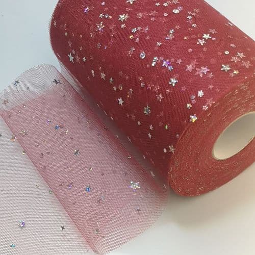 Tulle Roll Burgundy Stars Sequin Tulle 6 inch width Sparkle Fabric