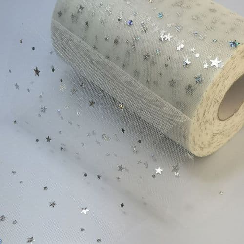 Tulle Roll Ivory Sequin Stars Tulle 6 inch width Sparkle Fabric