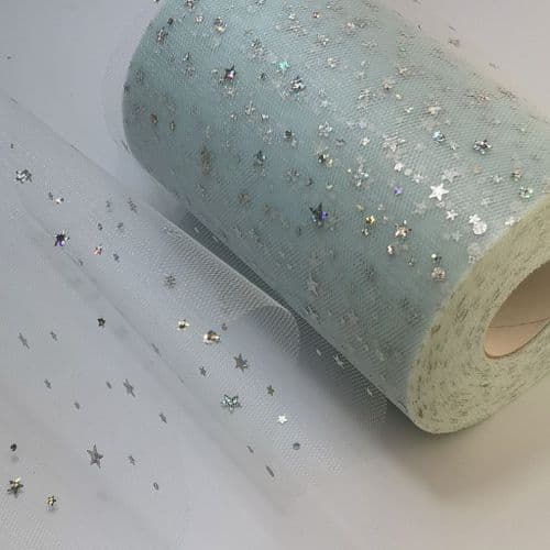 Tulle Roll Light Blue Sequin Stars Tulle 6 inch width Sparkle Fabric