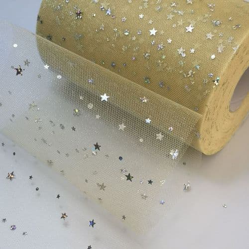 Tulle Roll Light Gold Stars Sequin Tulle 6 inch width Sparkle Fabric