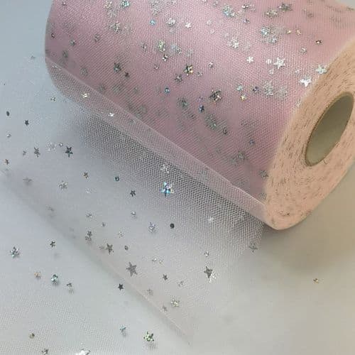 Tulle Roll Light Pink Stars Sequin Tulle 6 inch width Sparkle Fabric