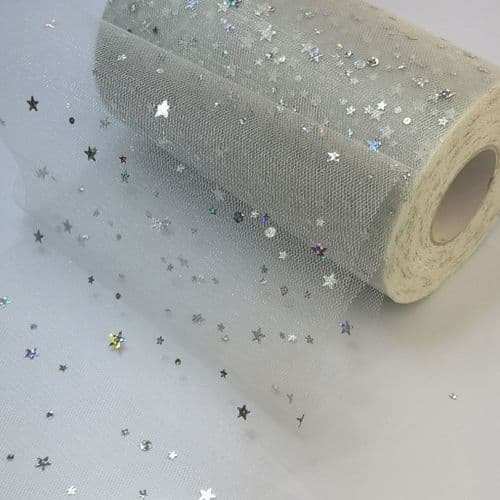 Tulle Roll Light Silver Stars Sequin Tulle 6 inch width Sparkle Fabric