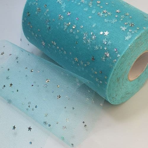 Tulle Roll Turquoise Sequin Stars Tulle 6 inch width Sparkle Fabric
