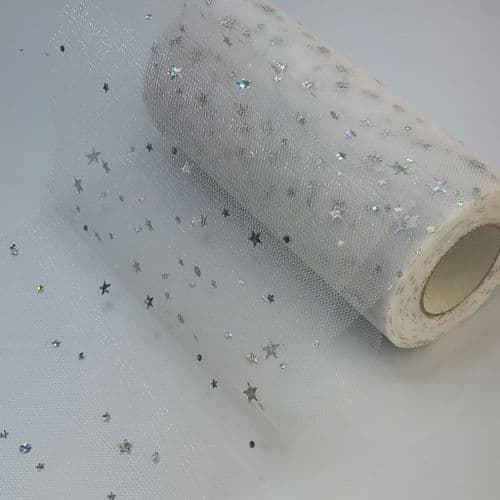 Tulle Roll White Sequin Stars Tulle 6 inch width Sparkle Fabric
