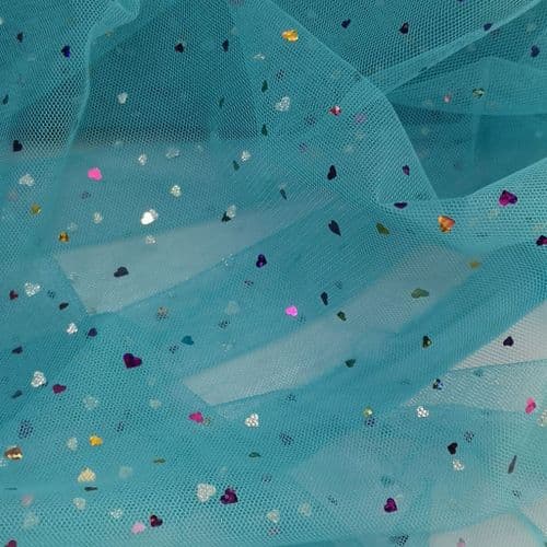 Turquoise Colourful Heart Shape Sparkle Soft Tulle 54 inch