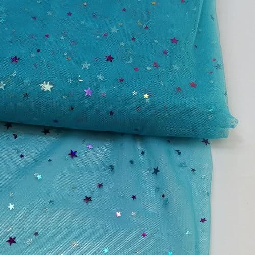 Turquoise Colourful Star Shape Sparkle Soft Tulle 54 inch