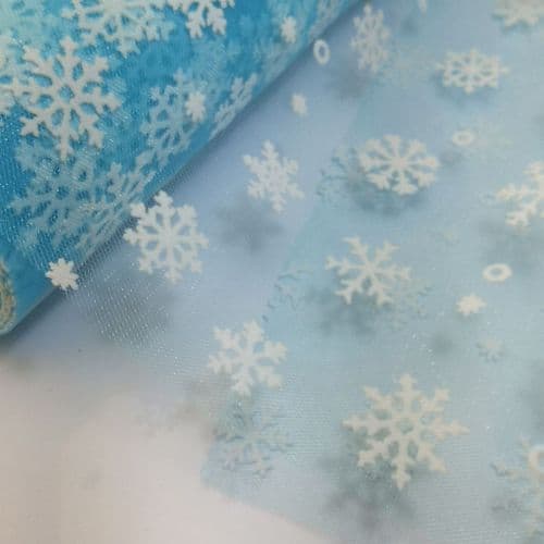 Turquoise Snow Flake Flocked Soft Tulle Roll 12 inch Eurotulle