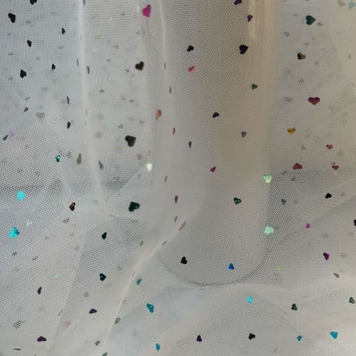 White Colourful Heart Shape Sparkle Soft Tulle 54 inch