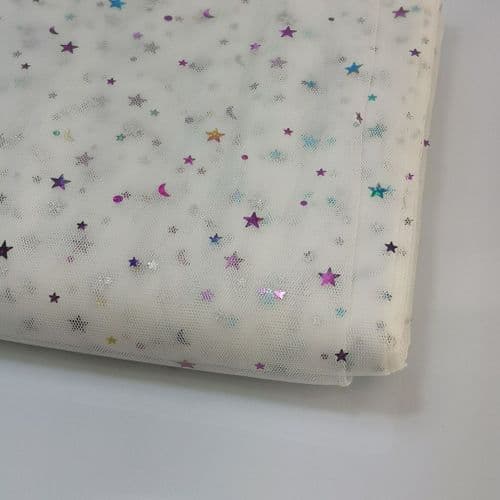 White Colourful Star Shape Sparkle Soft Tulle 54 inch