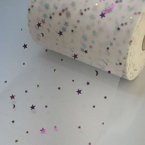 White Colourful Star Shape Sparkle Soft Tulle Eurotulle