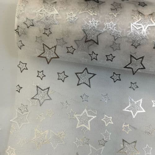 White / Silver Stars Organza Soft Fabric Roll 6" x 10 Y