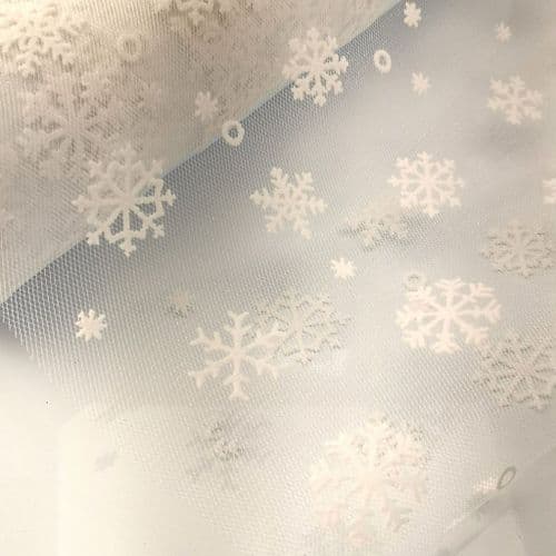 White Snow Flake Flocked Soft Tulle Roll Eurotulle 6" x 10 Y