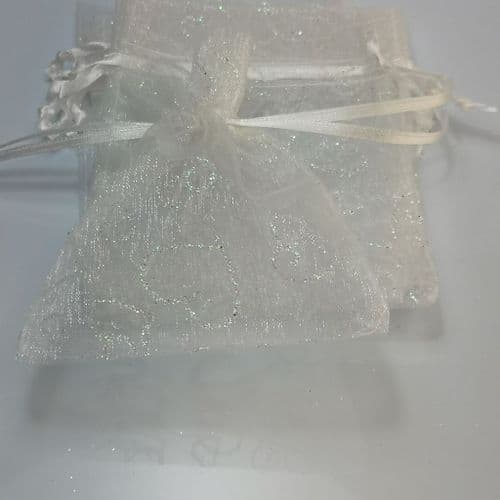 White with Glitter Heart Organza Pouch with Ribbon Drawsting 3.5 x 4.5 " 30 pcs Pack