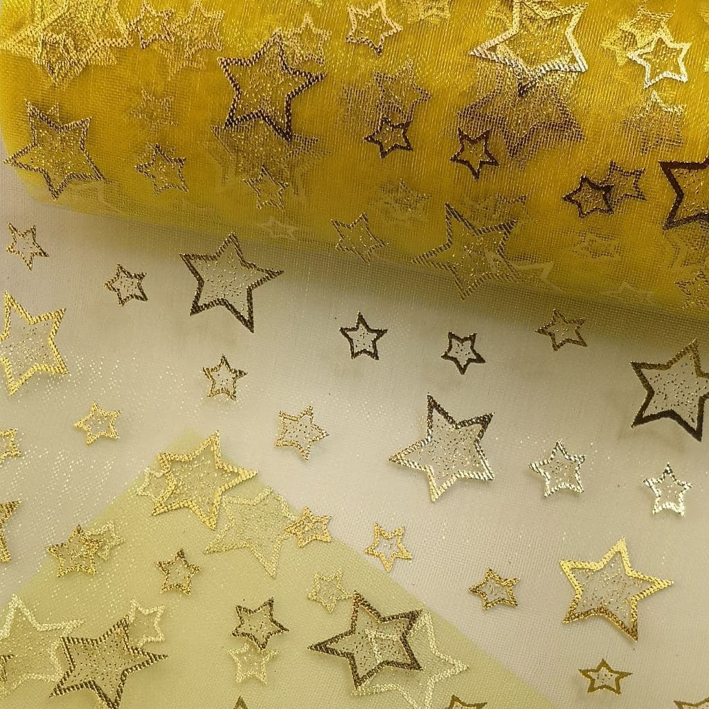 Yellow Golden Stars Soft Fabric Organza