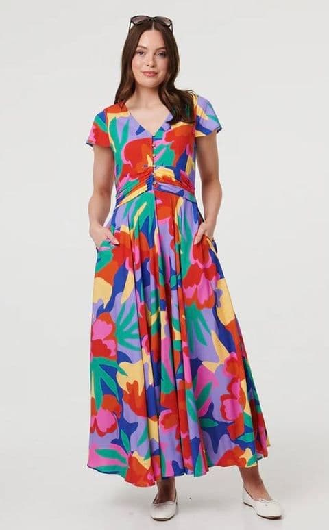 ABSTRACT CAP SLEEVE RUCHED MAXI DRESS
