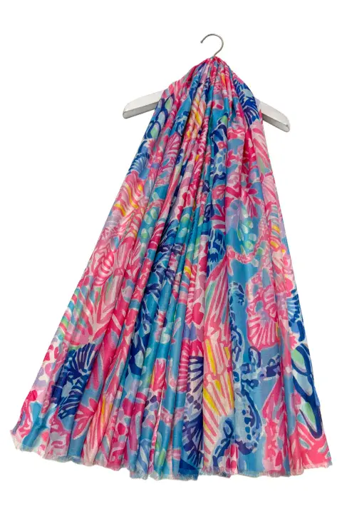 ABSTRACT CORAL & SHELL PRINT FRAYED SCARF IN BLUE