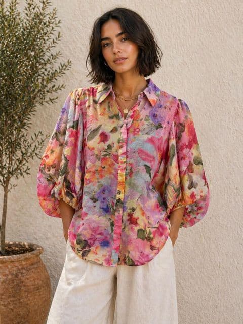 ABSTRACT PRINT 1/2 PUFF SLEEVE SHIRT PINK