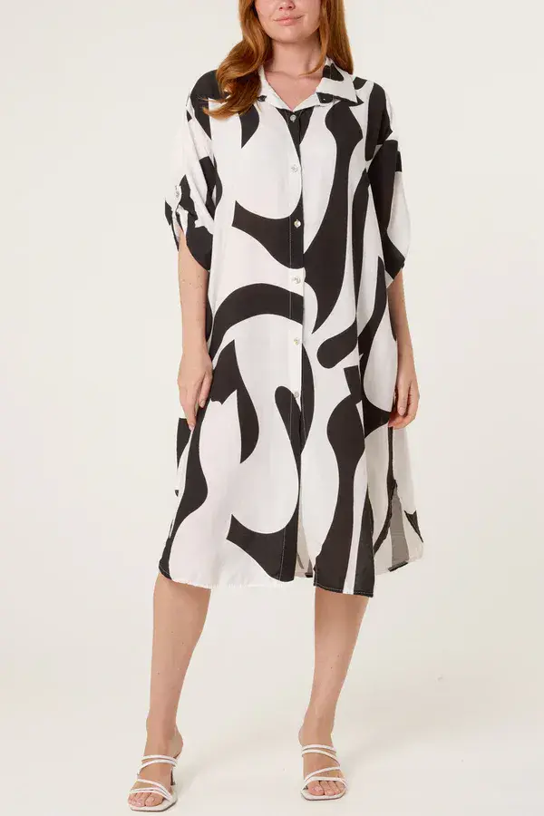 ABSTRACT PRINT BUTTON UP SHIRT DRESS