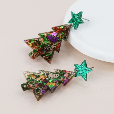 ACRYLIC GREEN MIX CHRISTMAS TREE EARRINGS