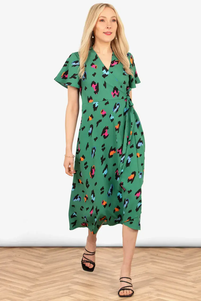 ADDIE SHORT SLEEVE WRAP DRESS GREEN LEOPARD MULTI