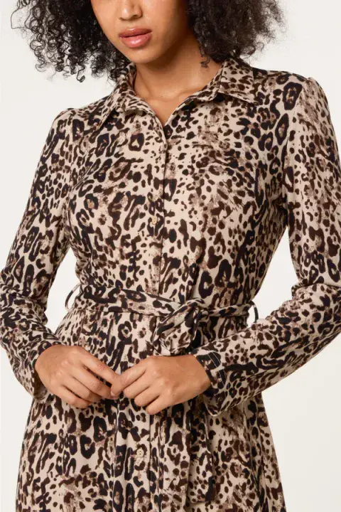 ANIMAL PRINT BELTED JERSEY SHIRT DRESS