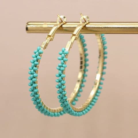 AQUA BEADED LARGE HOOPS