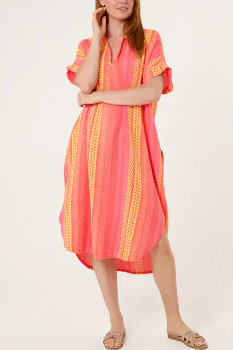 AZTEC PRINT COTTON CHEESECLOTH SHIRT DRESS