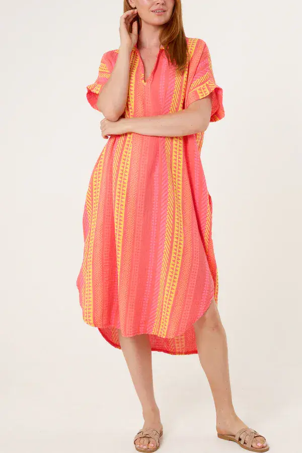 AZTEC PRINT COTTON CHEESECLOTH SHIRT DRESS