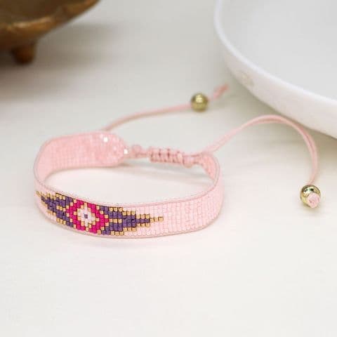 BABY PINK/LILAC 'EVIL EYE' HANDLOOMED BEADED RIBBON BRACELET