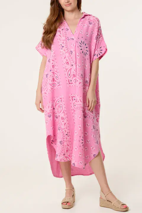 BANDANA PRINT CHEESECLOTH MIDI SHIRT DRESS
