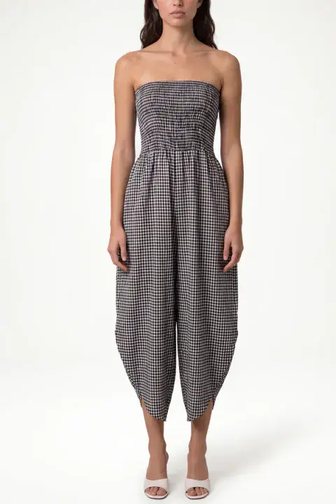 BANDEAU SHIRRED ASYMMETRIC CHECKED JUMPSUIT