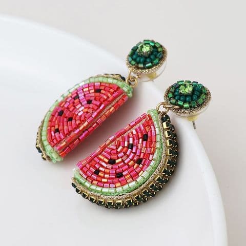 BEADED WATERMELON SLICE EARRINGS
