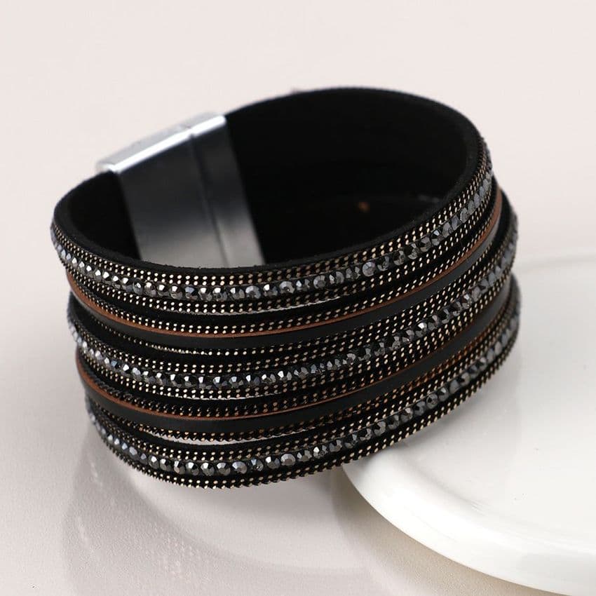 BLACK AND BRONZE MULTI LAYER LEATHER CRYSTAL CUFF BRACELET