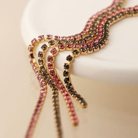 BLACK AND PINK MIX CRYSTAL LARIAT NECKLACE