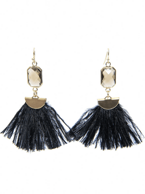 BLACK FEATHER AND GEM GOLD EARRINGS