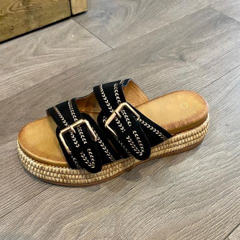 BLACK STITCH WEDGE SANDALS