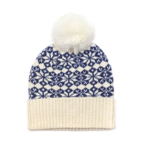 BLUE AND CREAM MIX STARFLOWER KNIT BOBBLE HAT