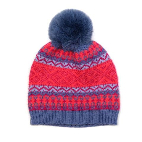 BLUE AND PINK MIX FAIR ISLE BOBBLE HAT