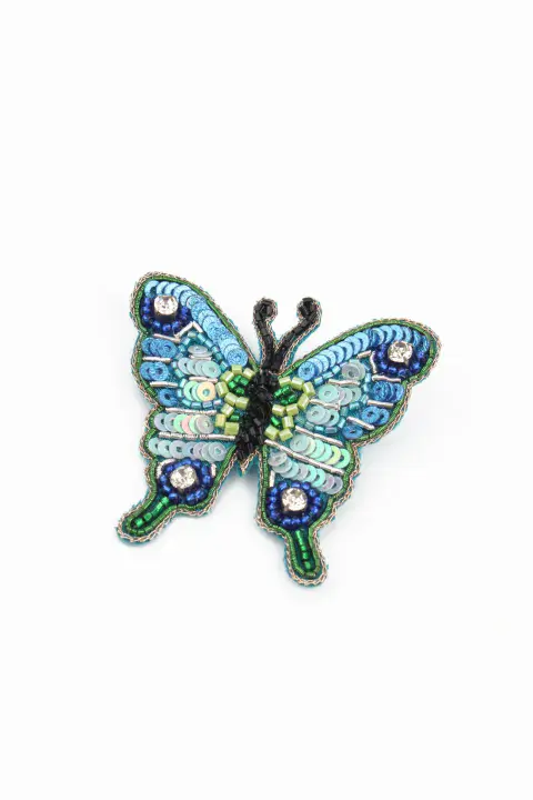 BLUE BUTTERFLY BEADED BROOCH