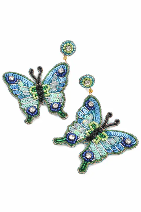 BLUE BUTTERFLY BEADED EARRINGS