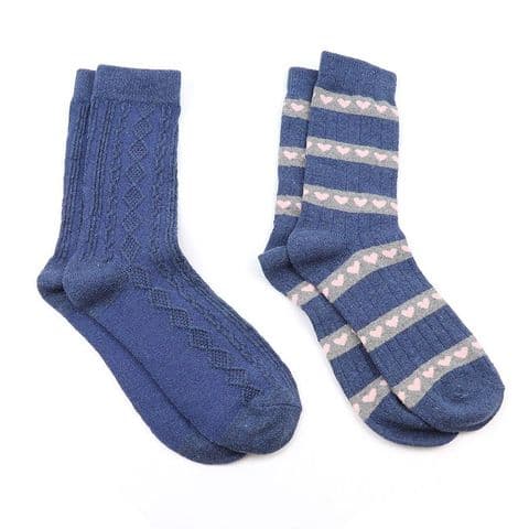 BLUE CABLE & HEARTS MIX WOOL BLEND SOCKS (2 PACK)