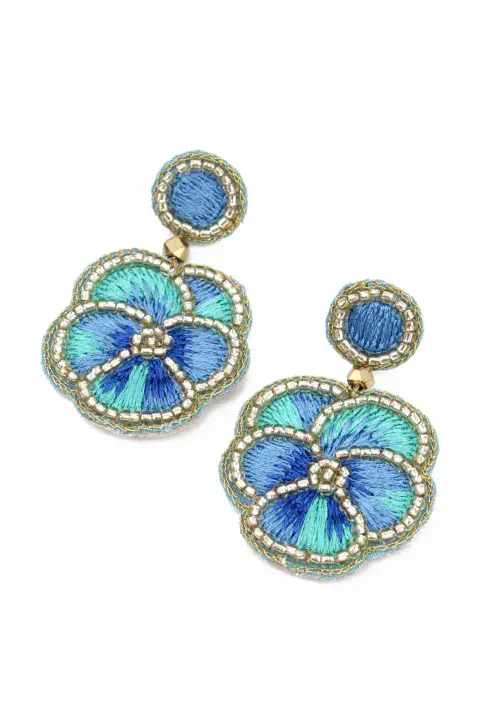 BLUE PANSY BEADED EARRINGS