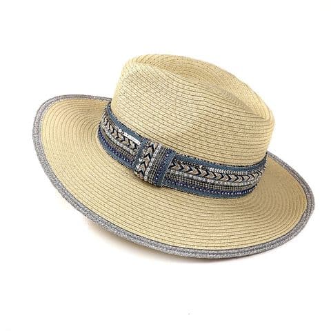BLUE PAPER STRAW HAT WITH LUREX TRIM AND CRYSTAL/ SEQUIN EMBELLISHED BAND (1)