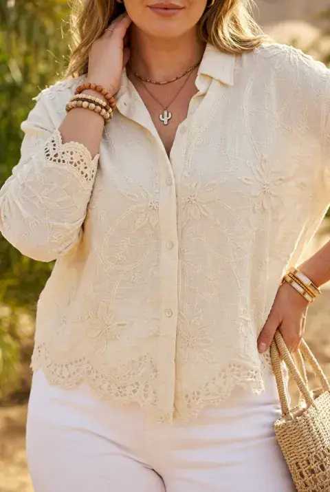 BOHO EMBROIDERY SCALLOPED SHIRT