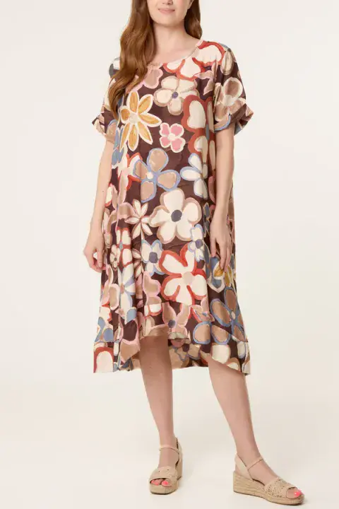 BOLD FLOWER SHORT SLEEVE MIDI DRESS