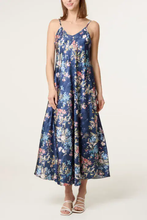 BOTANNICAL FLORAL SATIN CAMI DRESS