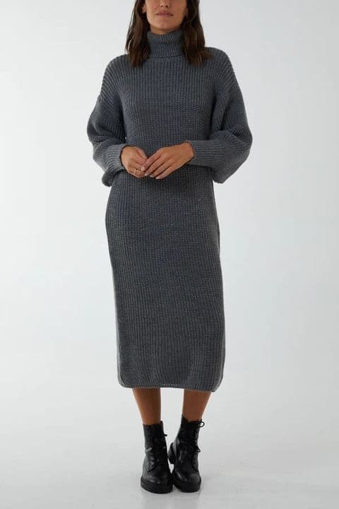 CHUNKY KNIT ROLL NECK MIDI DRESS GREY